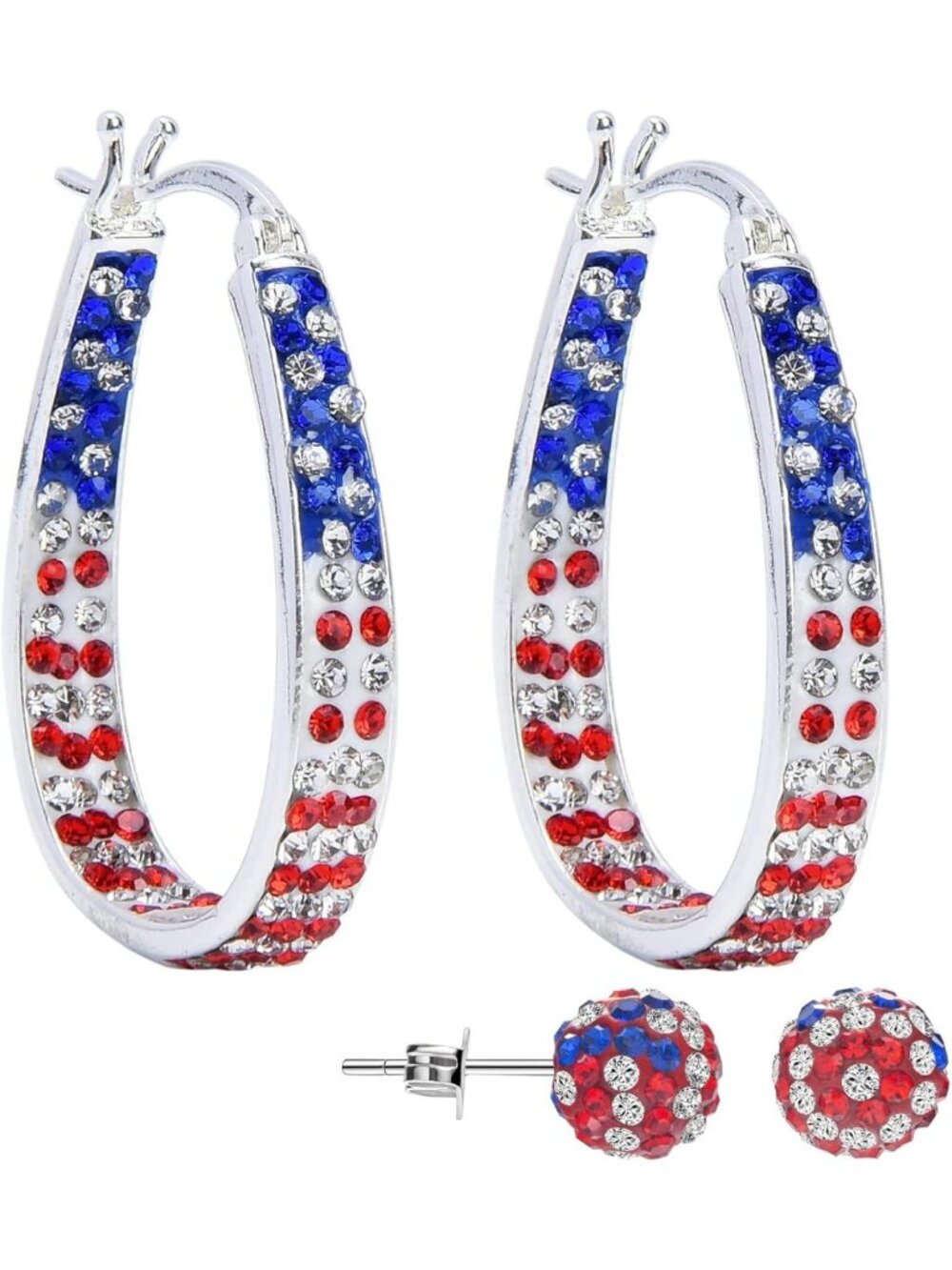 Sparkly Crystal Hoop Earrings - Patriotic Red, White & Blue Silver Plated